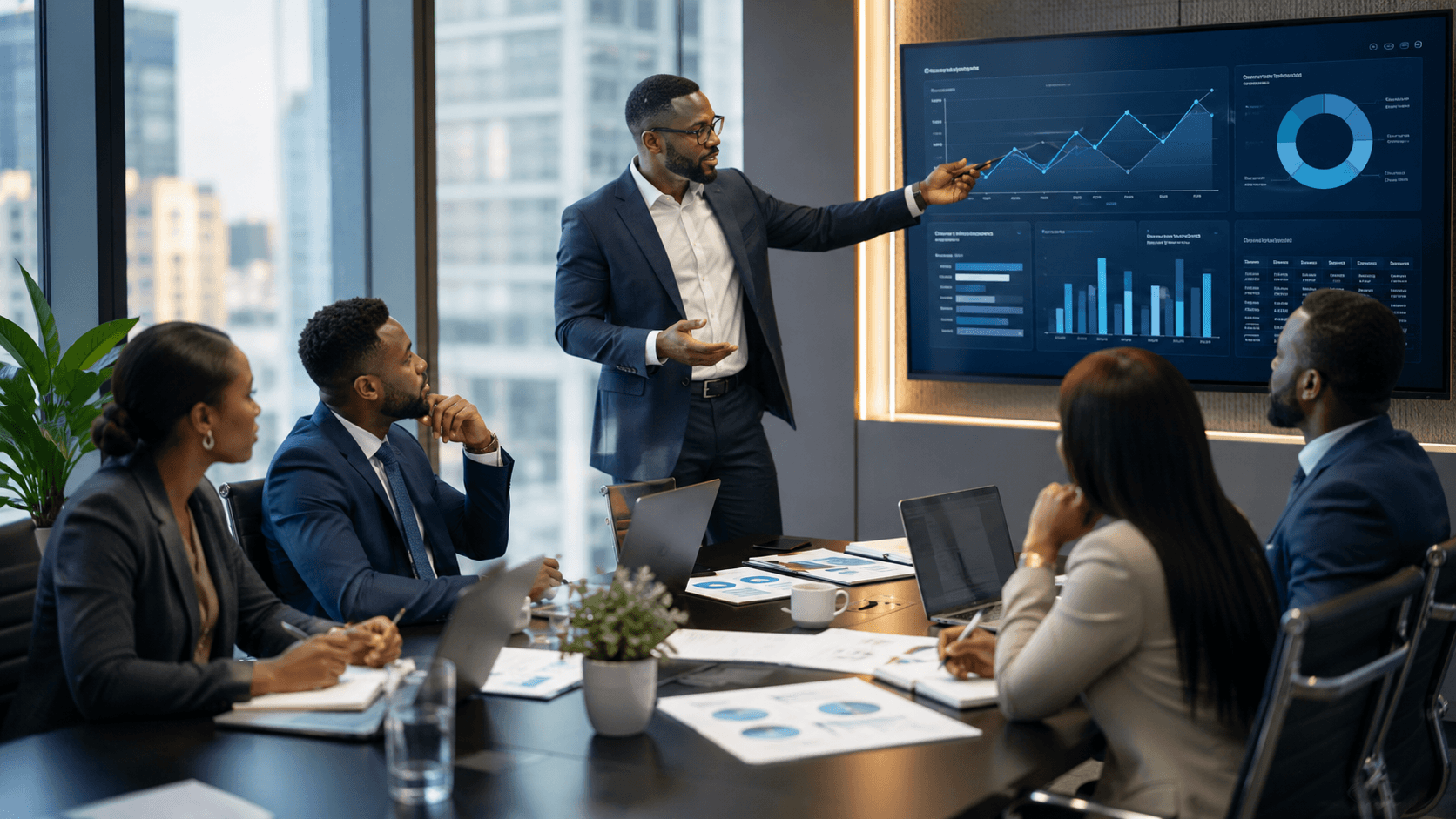 Business leaders reviewing performance dashboards and key business metrics.