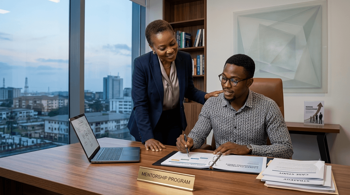 Senior executive mentoring an employee during a professional development session.
