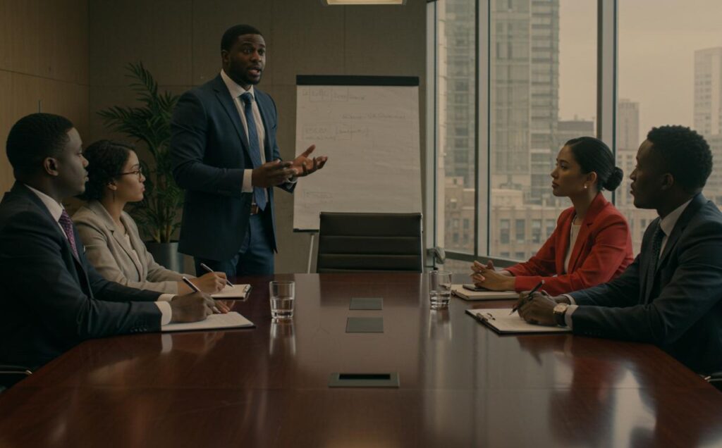 Business executives collaborating during a strategic leadership meeting.
