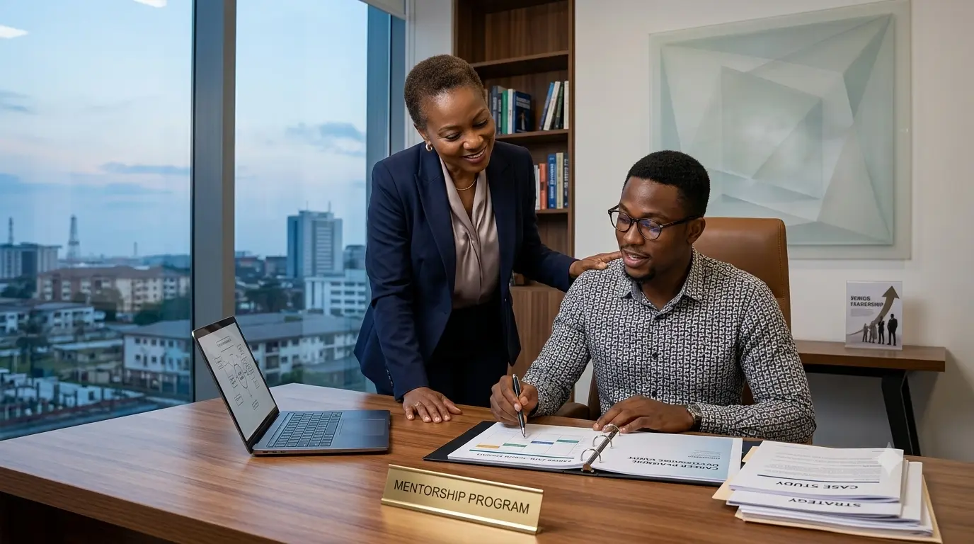 Senior executive mentoring an employee during a professional development session.
