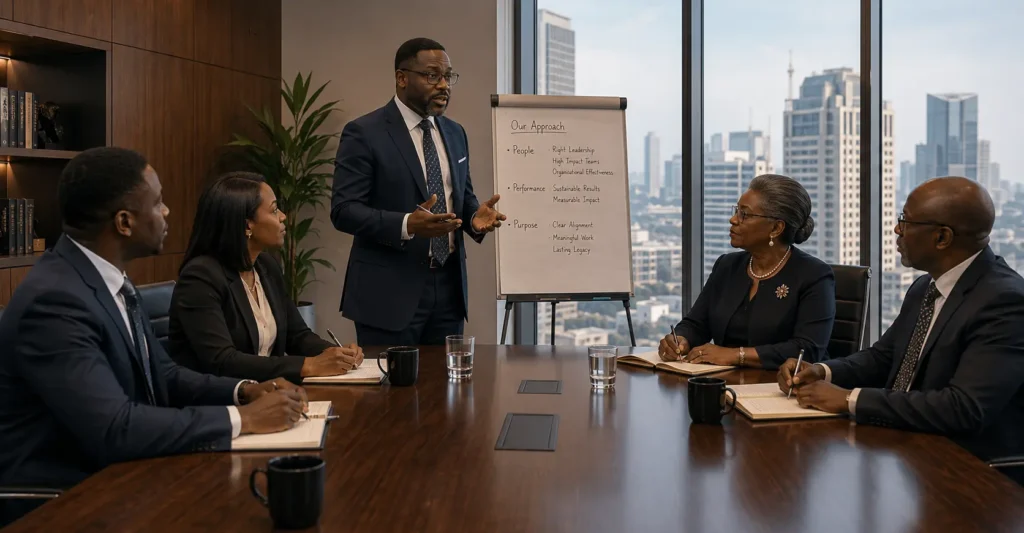 Business executives collaborating during a strategic leadership meeting.